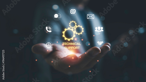 Fotografie Hand hold glowing technical support concept with gears and communication icons for customer service help desk, online assistance support, digital IT solutions and business technology interface