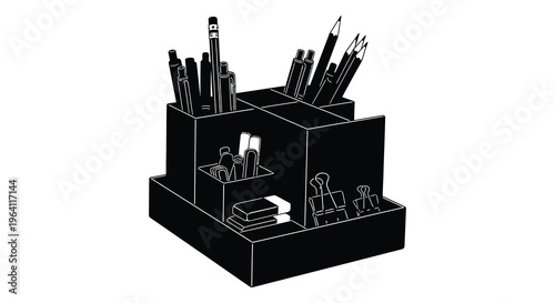 Stationery organizer with pencils pens and clips a dark silhouette