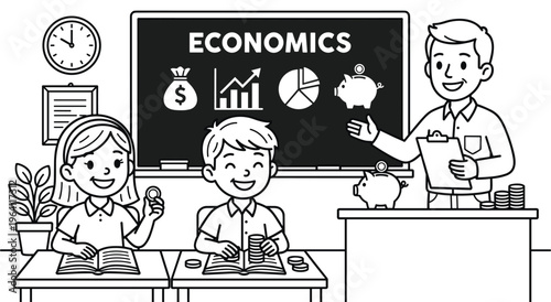 Teacher explaining economics concepts to students with blackboard diagrams of finance, savings, and investments. Children actively participating and learning about money and markets.