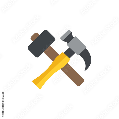 Crossed industrial construction tools featuring a versatile sledgehammer and a claw hammer graphic design element