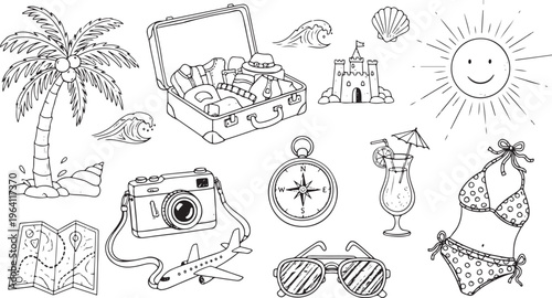Essential items for a fun and relaxing beach vacation adventure Vector