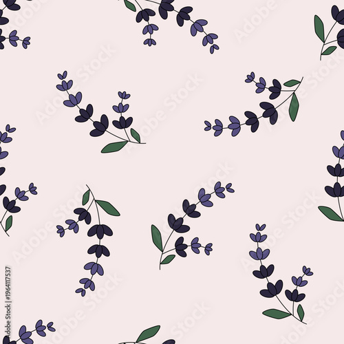 Lavender and leave seamless pattern for the spring or summer season. Purple flowers botanical for fabric, scrapbooking, stationery, cards, wrapping, textiles and wallpaper.