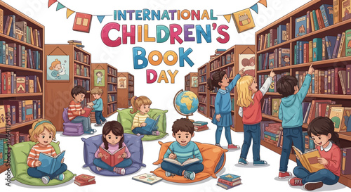 Vector illustration of children reading books in a library for International Children's Book Day with colorful decorations.