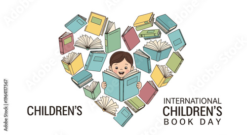 Illustration of a smiling child reading surrounded by colorful books in a heart shape on International Children's Book Day with a playful and educational theme.
