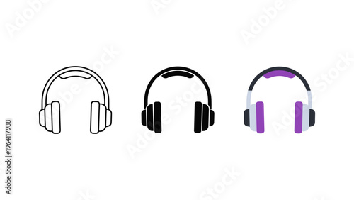 set of three modern wireless headphones in flat design vector illustration
