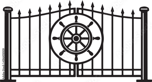 Decorative Iron Gate with Vintage Wheel Design Vector