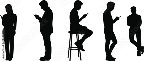 Silhouettes of people standing and sitting while using smartphones, modern digital lifestyle poses, mobile phone addiction concept, communication and technology illustration