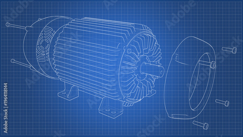 Three-Phase Induction Electric Motor AC - Exploded View Technical Drawing. 3D rendering isolated on white background. 3D Mesh, Sketch, Blueprint, Vector style. Ideal for educational, engineering