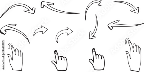A collection of hand gestures and arrows indicating directions and movements