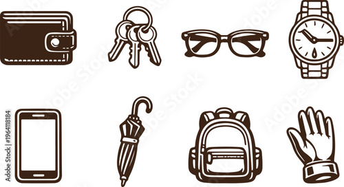 Everyday Objects Icons Set (Phone, Glasses, Accessories).
