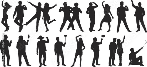 Silhouettes of people dancing, posing, and taking selfies with smartphones, modern lifestyle collection showing social activities, expressive body movements and actions