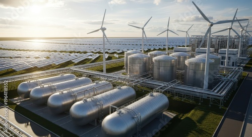 Modern hydrogen tanks storage for renewable energy Hydrogen renewable energy production for solar and windturbine facility. 3d rendering