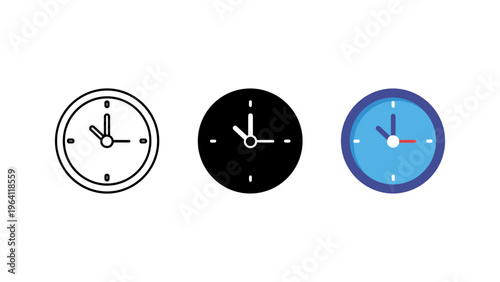 three minimalist clock faces showing different times flat design vector illustration
