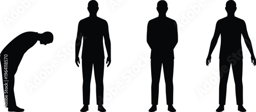 Silhouette of man bending and standing in multiple poses, male body posture collection, human movement outline, anatomy reference for motion study
