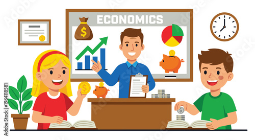 Economics lesson with teacher and students learning about money, finance, and investment. Visuals include charts, graphs, piggy banks, coins, and diplomas, in classroom setting.