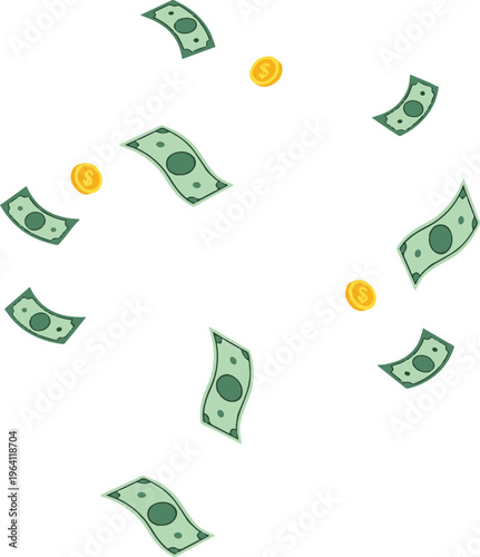 Falling money bills, and golden coins, in a dynamic circular motion Vector.