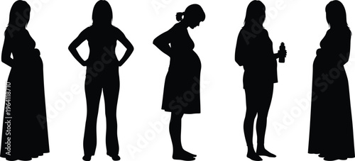 Silhouette of pregnant women standing in various poses, maternity concept, expecting mothers outline, motherhood stages, prenatal health and pregnancy lifestyle