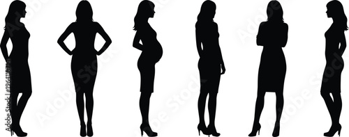 Silhouette of diverse women standing in various poses, female figures, fashion posture concept, elegant women outline, stylish feminine profile collection