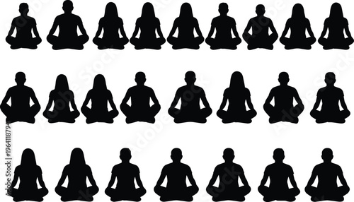 Silhouette group meditation session with diverse people sitting in lotus pose, mindfulness practice, wellness harmony concept, peaceful yoga community together