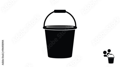 Black silhouette icon of a simple water bucket with a handle isolated on a white background with a small copy of the icon aside.