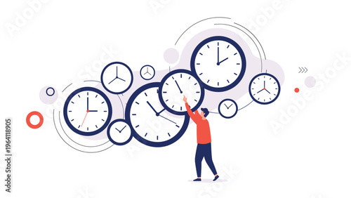 Person managing multiple clocks and watches representing time management multitasking and the challenge of balancing various tasks and deadlines.
