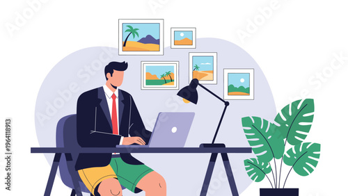 Businessman working on a laptop from home wearing a formal suit jacket with a tie but casual shorts below the desk for video calls.