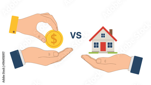 Hands comparing gold coin money against a house model representing the choice between cash savings and real estate investment property.