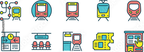 Colorful illustration of various public transportation and station icons