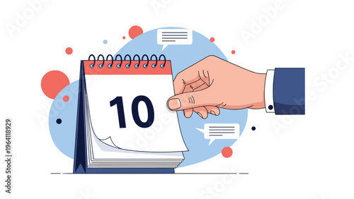 Hand turning the page of a desktop spiral calendar to reveal the number ten on a blue background with abstract shapes and bubbles.