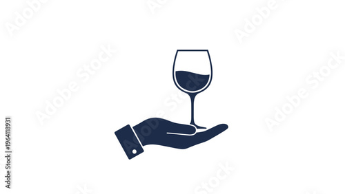 Black silhouette icon of a hand elegantly holding a wine glass with liquid inside representing a toast, tasting, or drink service.