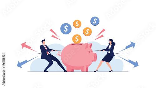 Man and woman in business suits tugging at a giant pink piggy bank representing financial conflict, shared savings, or division of assets.
