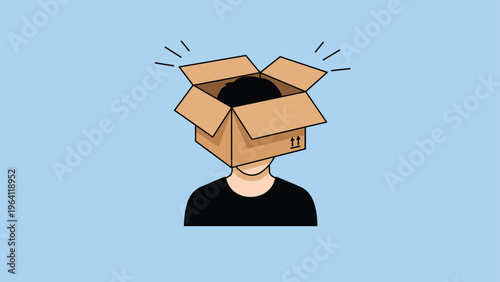 Man with a cardboard box on his head representing narrow thinking, being stuck, or the concept of thinking inside the box on a blue background.