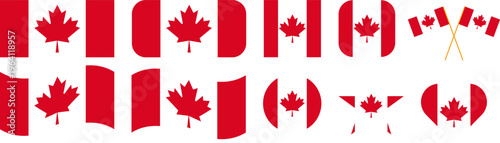 Canada Flag Vector Set Collection with Maple Leaf Symbols, Canadian National Flag Icons Bundle Isolated on Transparent Background