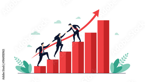 Team of business professionals helping each other climb a rising bar chart with a red arrow representing teamwork and success in growth.