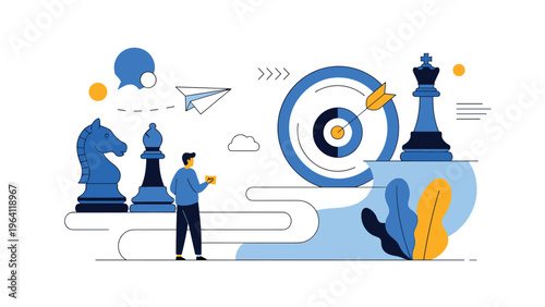 Professional business strategy concept illustration showing a person analyzing moves with giant chess pieces and a central target board for goals.