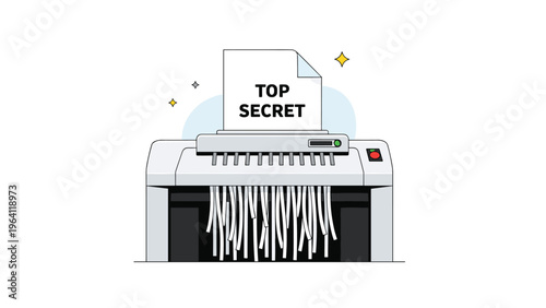 Paper shredder machine destroying a confidential document labeled top secret into thin strips for data privacy and information security.