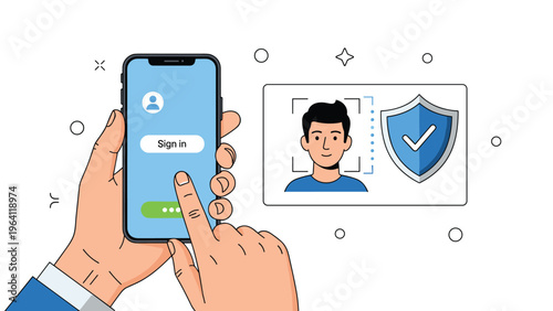Hand holding a smartphone for secure login using biometric face identification technology with a shield icon and checkmark for safety.