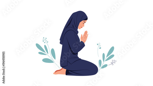 Illustration of a Muslim woman wearing a blue hijab and outfit kneeling and praying with hands together in a peaceful spiritual gesture.