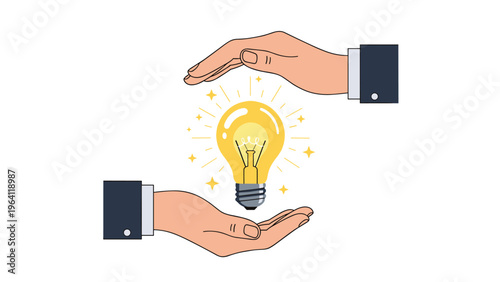 Two hands carefully cupping and protecting a glowing yellow light bulb representing the preservation and protection of a creative idea or innovation.