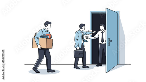 Employee walks away with a box of belongings while his former colleagues are shown being fired at the office door.