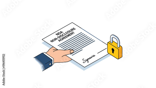 Hand holds a non disclosure agreement document next to a yellow padlock symbolizing confidentiality and legal protection.