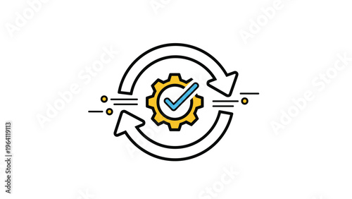 Circular arrows surrounding a gear with a blue checkmark represent an efficient process or quality control system.