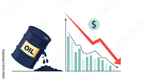 Spilling oil drum stands next to a financial chart with a red arrow pointing down showing a drop in crude oil prices.