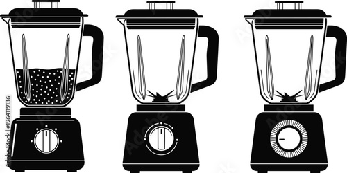 Set of three black and white vector icons featuring kitchen blenders in different styles for smoothies juice and food preparation for modern graphic design.
