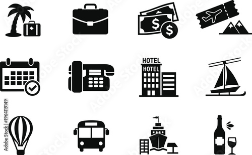 Set of black and white vector silhouette icons featuring travel vacation and business trip symbols including transport hotel money calendar and holiday leisure elements.