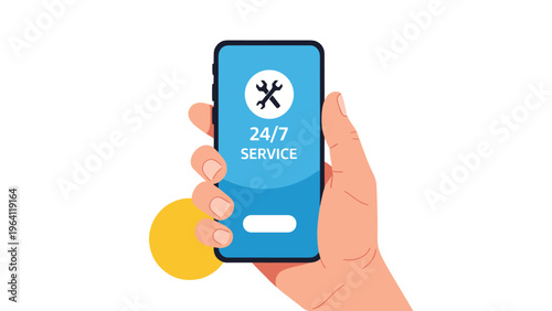 Hand holds a blue smartphone displaying a 24 7 service icon with crossed tools for round the clock customer support.