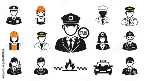 Large collection of diverse professional icons includes avatars for pilots doctors taxi drivers and firemen.