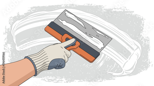 Construction hand using a large metal spreader applies a broad stroke of white paste or plaster on a textured surface.