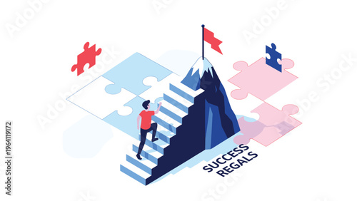 Man climbs a staircase on a mountain towards a red flag at the summit representing the path to business success.