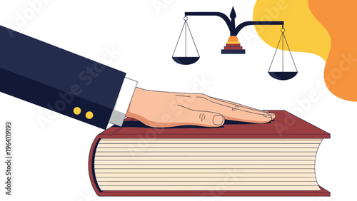 Person in a suit places a hand on a law book with the scales of justice in the background symbolizing a legal oath.